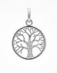 Load image into Gallery viewer, A silver tree of life pendant charm with a circular frame and a small cluster of clear stones along the trunk,