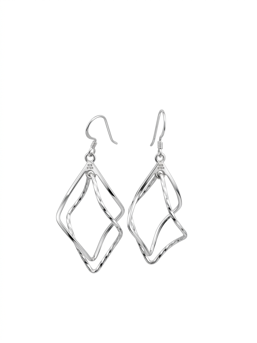 925 Sterling Silver Twisted Double Diamond Dangle Earrings