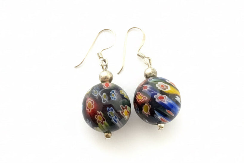 Ball Shape 925 Silver Earrings with Millefiori Glass