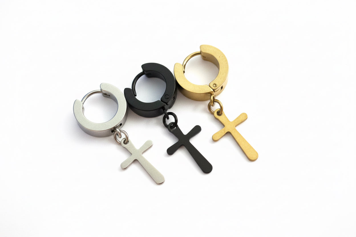 Cross Huggie Drop Earrings