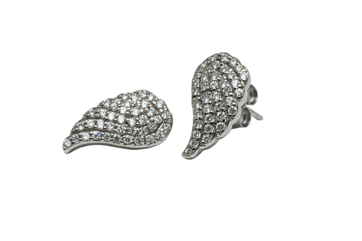 Pair of silver feather-shaped earrings with clear stones 