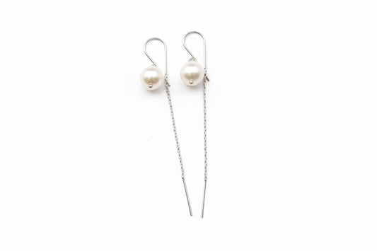 925 Sterling Silver Hanging Pearl with chain at back Earrings
