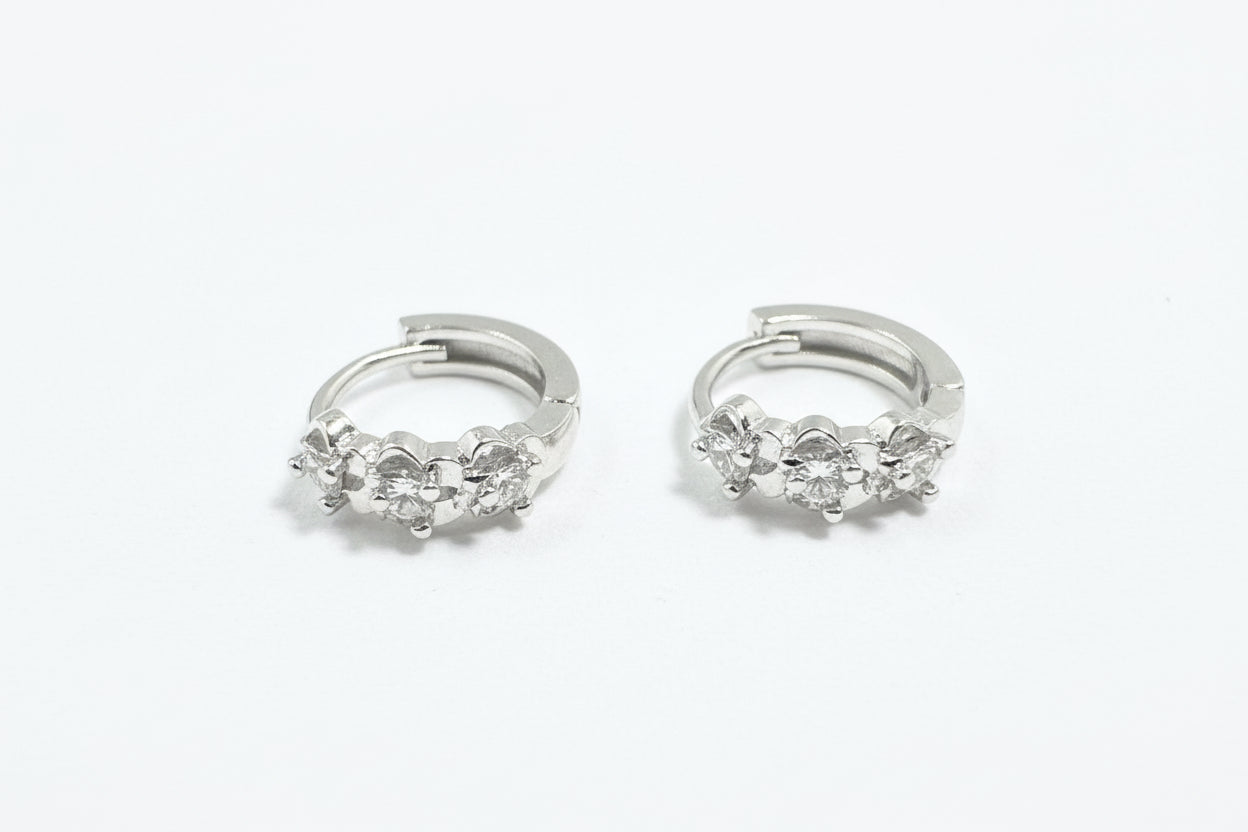 925 Sterling Silver Hoop Earrings with 3 Flowers and Cubic Zirconia Stones