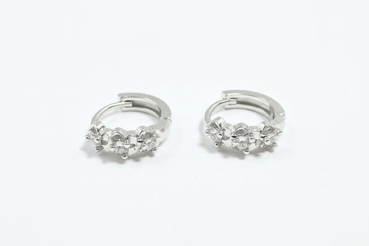 925 Sterling Silver Hoop Earrings with 3 Flowers and Cubic Zirconia Stones
