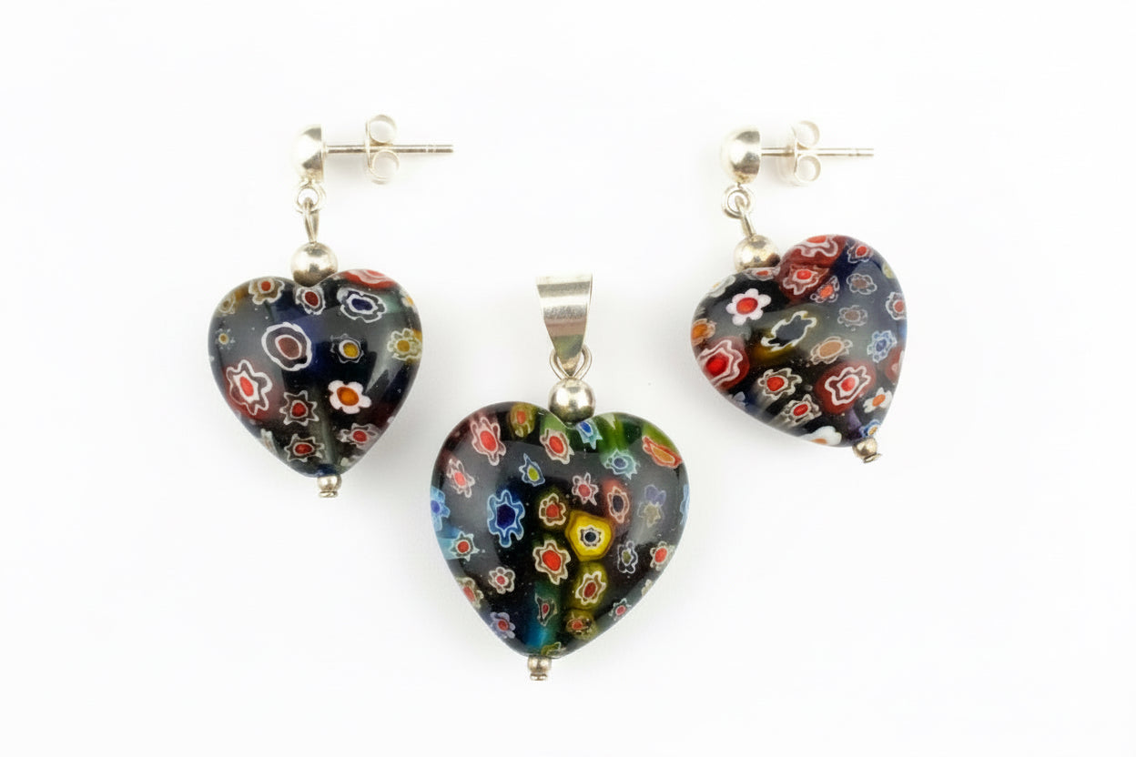 Heart Shaped 925 Silver Earrings and Matching Pendant Set with Millefiori Glass
