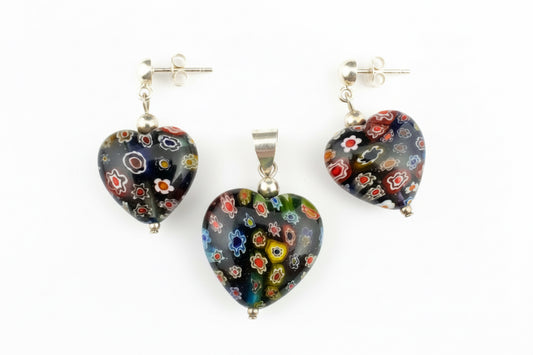 Heart Shaped 925 Silver Earrings and Matching Pendant Set with Millefiori Glass