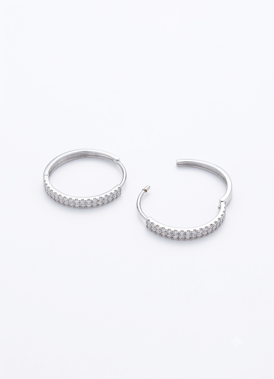 30mm 925 sterling silver hoop earrings with double row Cubic zirconia stones 