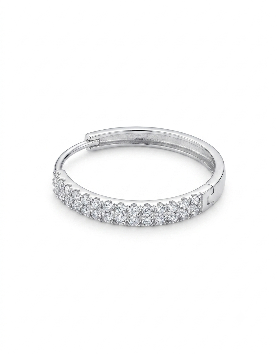 30mm Sterling silver huggie hoop earrings  with a double row of clear pavé cubic zirconia stones along the front,
