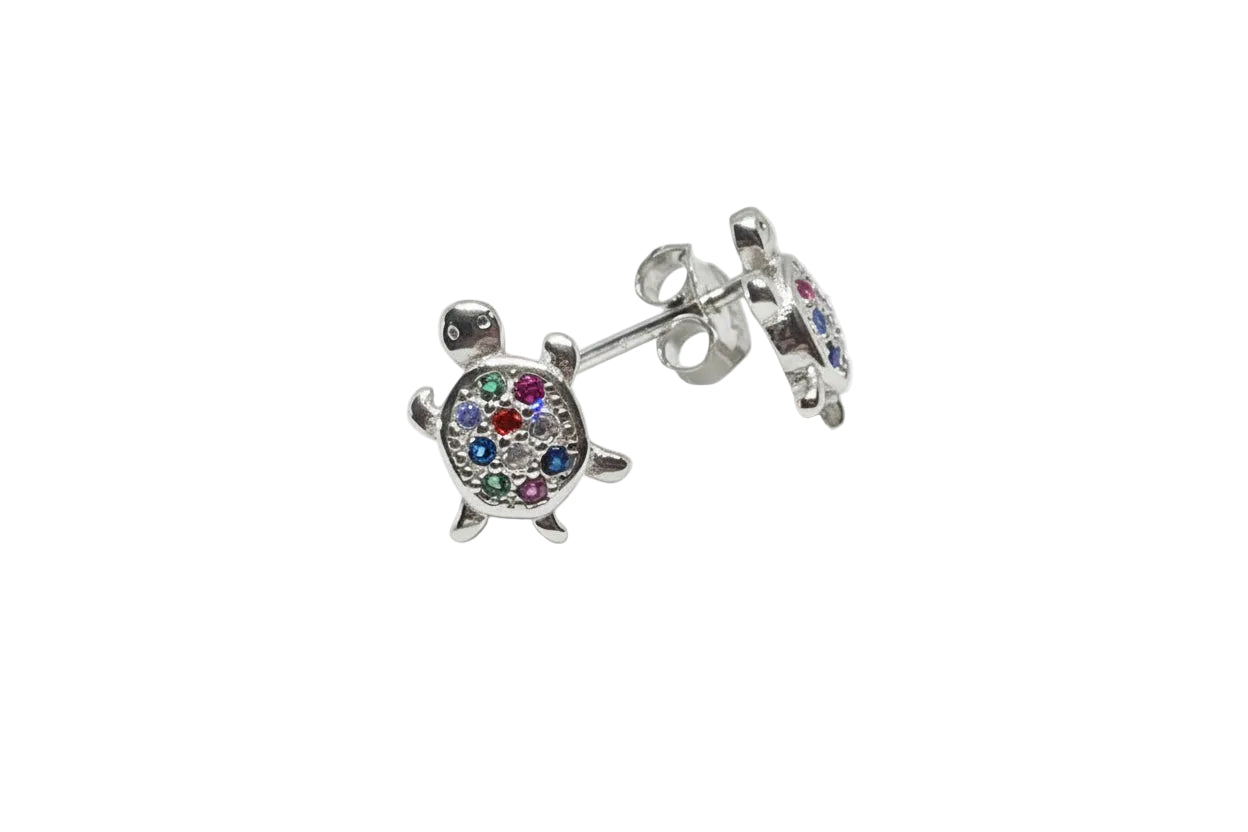 Turtle-shaped silver earrings with colorful cubic zirconias