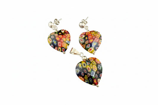 Heart Shaped 925 Silver Earrings and matching pendant set with Millefiori Glass 