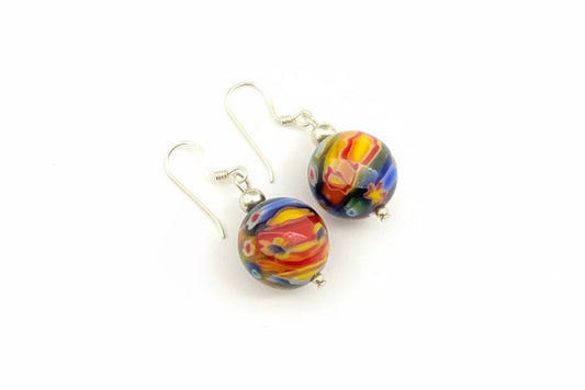 Ball Shape 925 Silver Earrings with Millefiori Glass