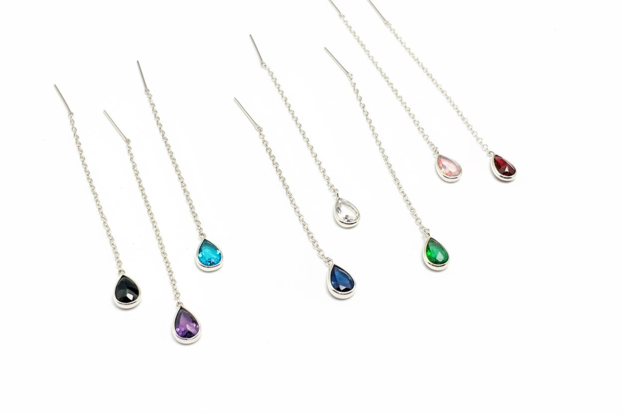 925 Sterling Silver Threaded Synthetic Gemstone with hanging teardrop earrings