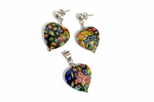Heart Shaped 925 Silver Earrings and matching inpendant set with Millefiori Glass 