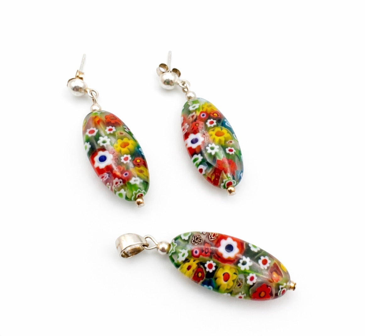 Long Oval 925 Silver Earrings and matching pendant set with Millefiori Glass