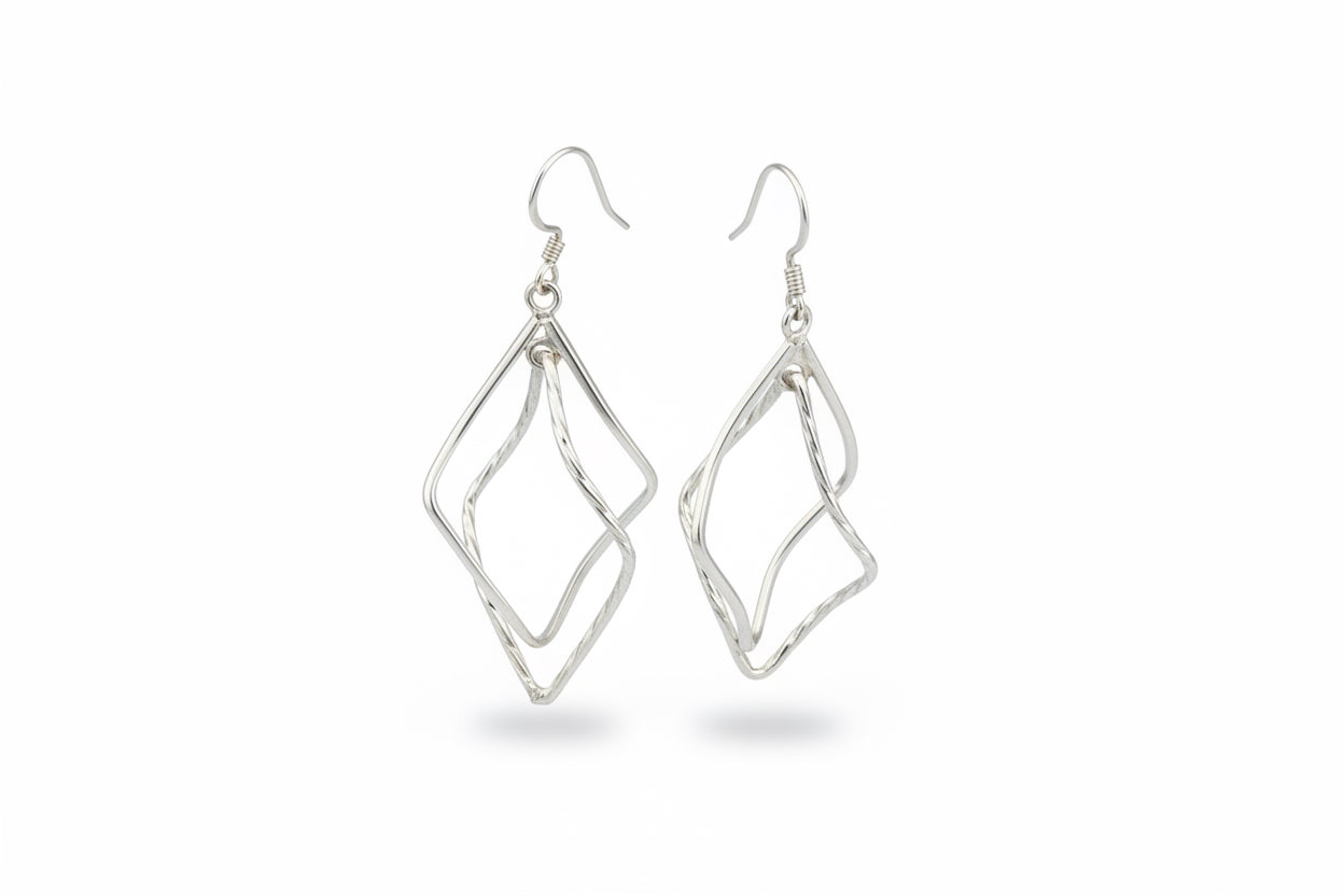 925 Sterling Silver Twisted Double Diamond Dangle Earrings