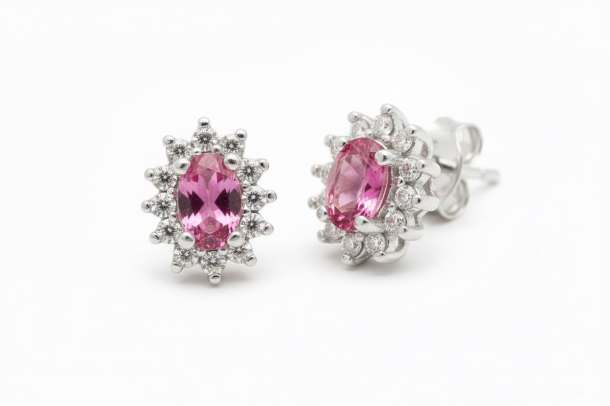 925 Sterling Silver Pink Tourmaline Oval cut Stud Earrings