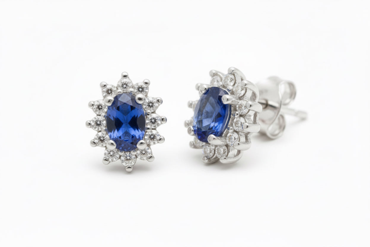 925 Sterling Silver Oval Lab Sapphire stud Earrings