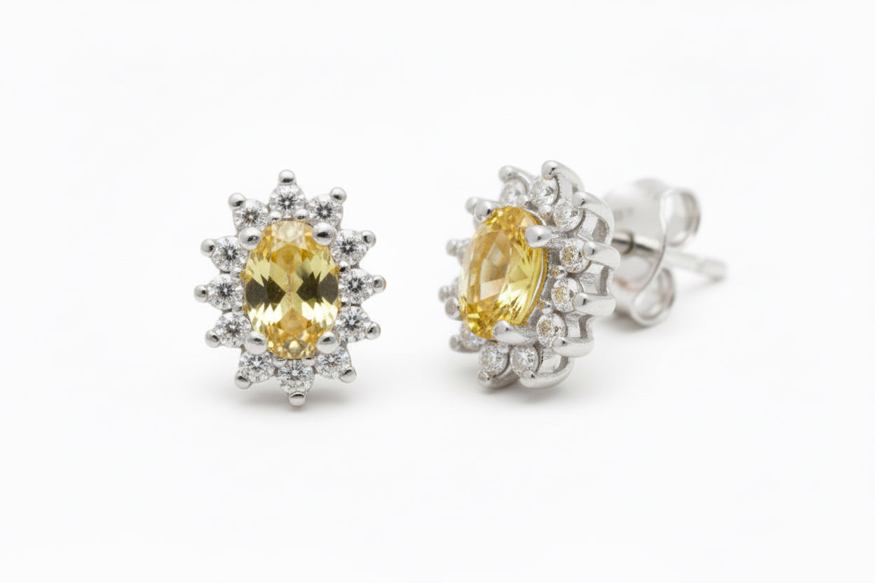 925 Sterling Silver Yellow Lab Sapphire Oval Stone Stud Earrings