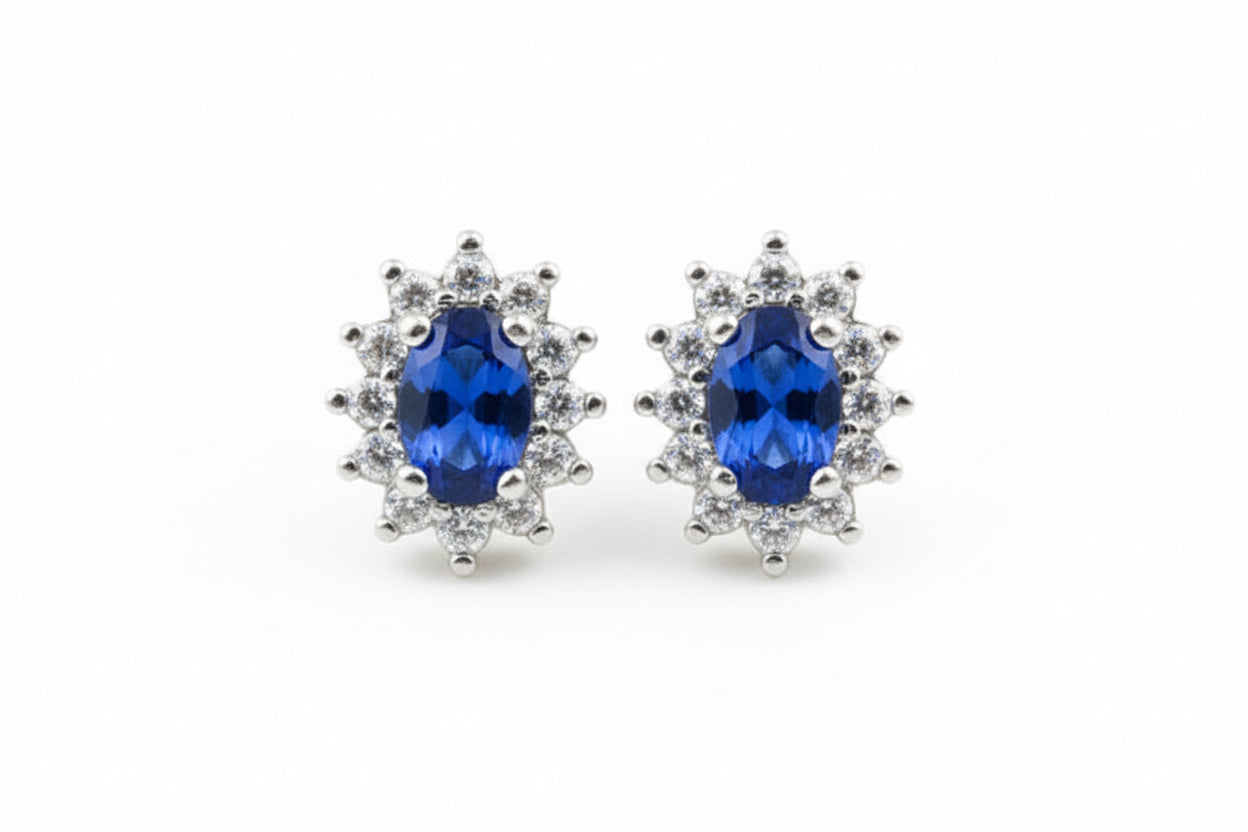 925 Sterling Silver Oval Lab Sapphire stud Earrings