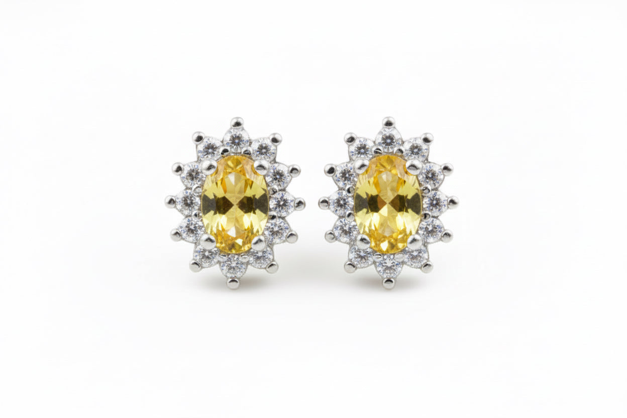 925 Sterling Silver Yellow Lab Sapphire Oval Stone Stud Earrings