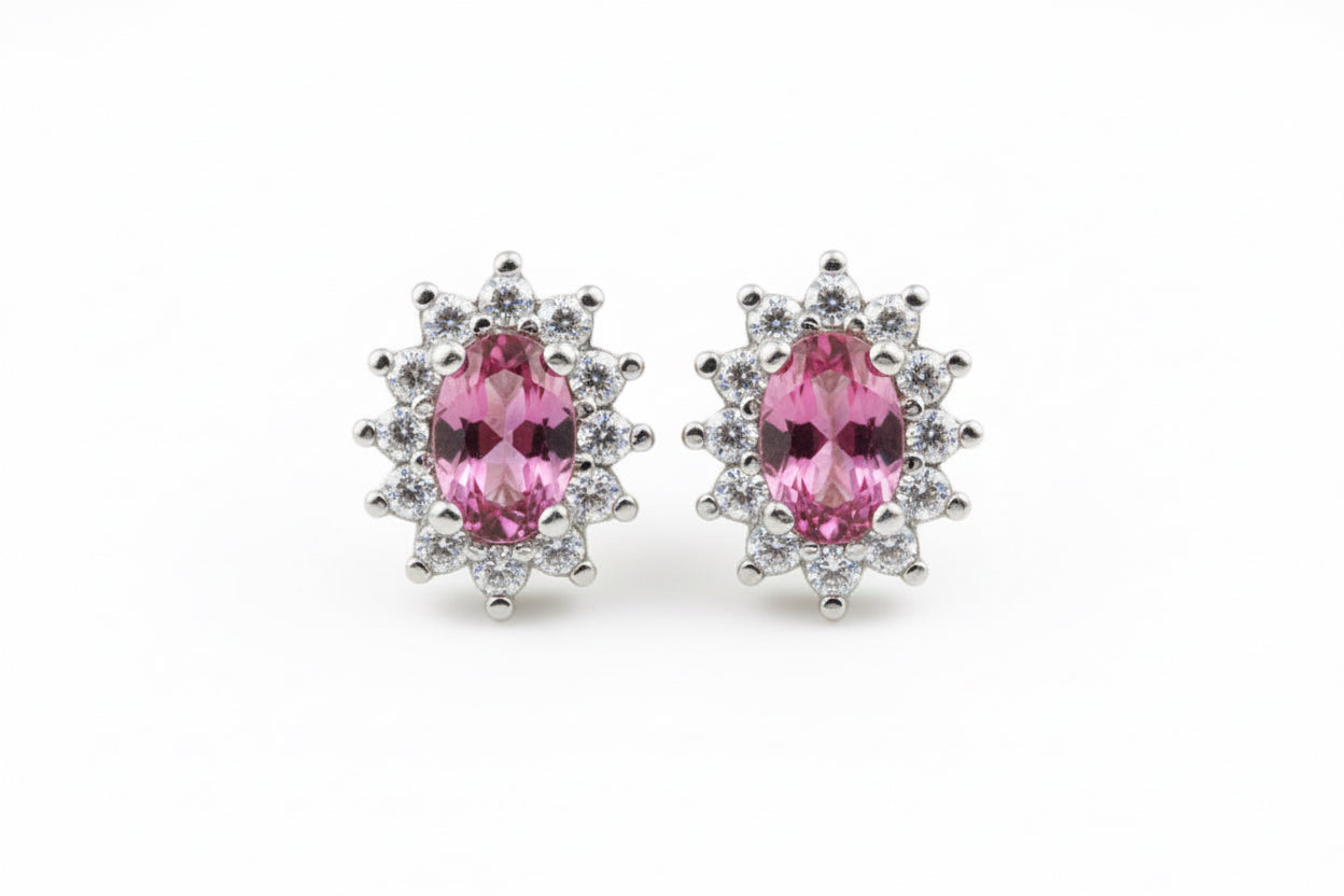 925 Sterling Silver Pink Tourmaline Oval cut Stud Earrings