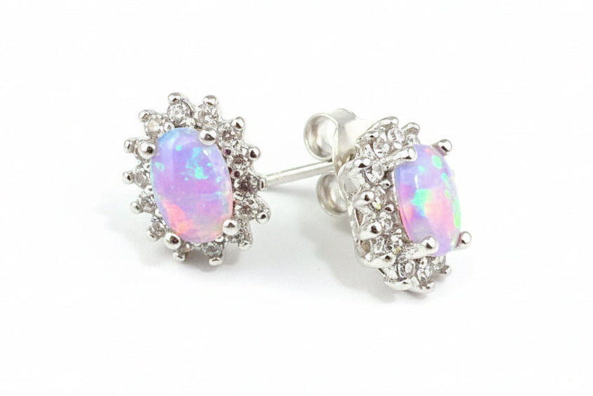 925 Sterling Silver Multi Colour Oval lab Opal stud Earrings