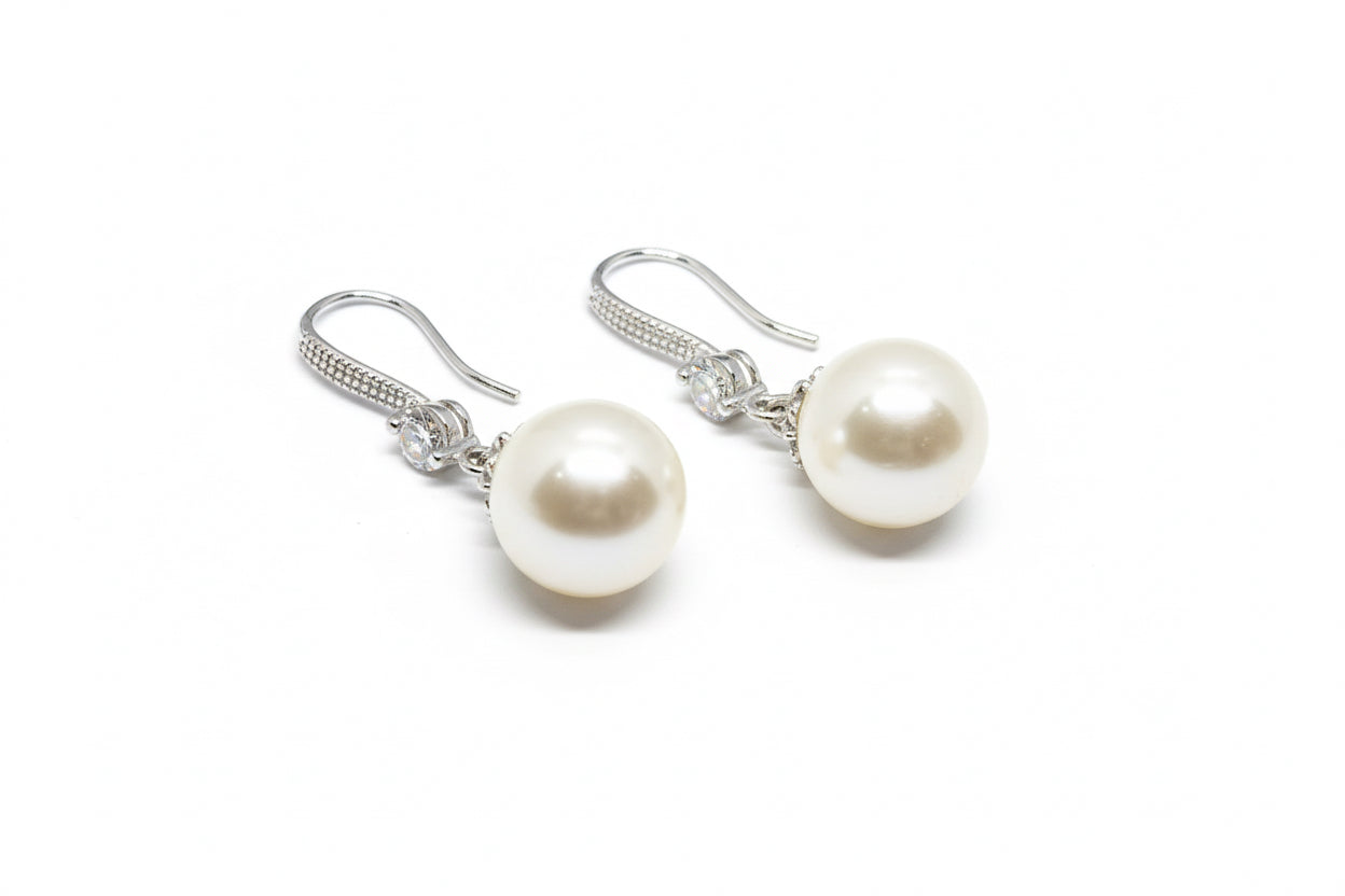 925 Sterling Silver Hanging Pearl Earrings with Cubic Zirconia Stone