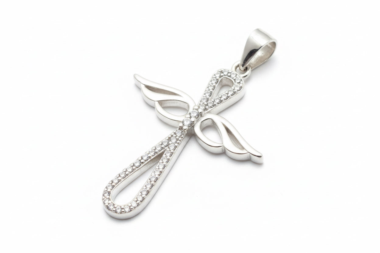 Infinity Angel Wing Cubic Cross Sterling Silver Pendant