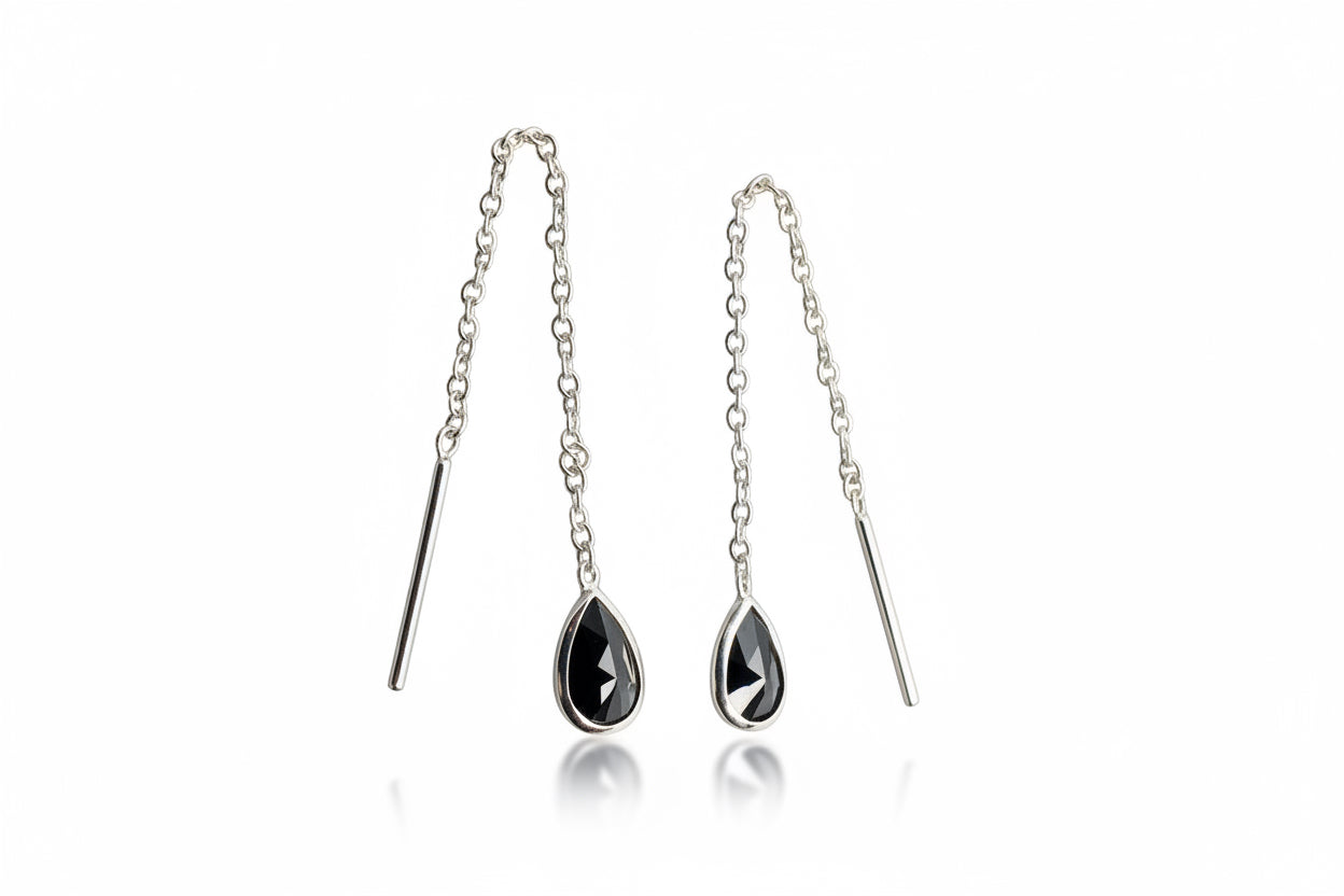 925 Sterling Silver Threaded Synthetic Black Gemstone with hanging teardrop earrings