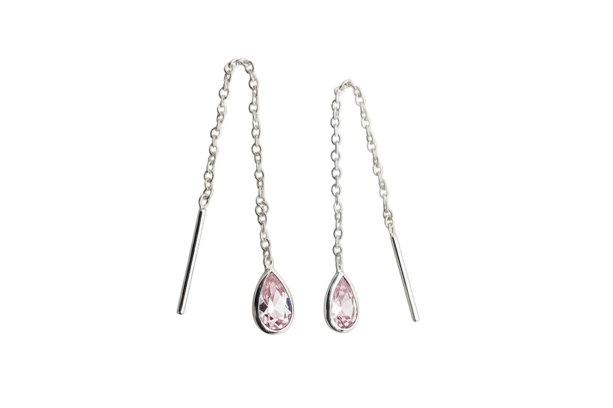 925 Sterling Silver Threaded Synthetic Pink Gemstone with hanging teardrop earrings