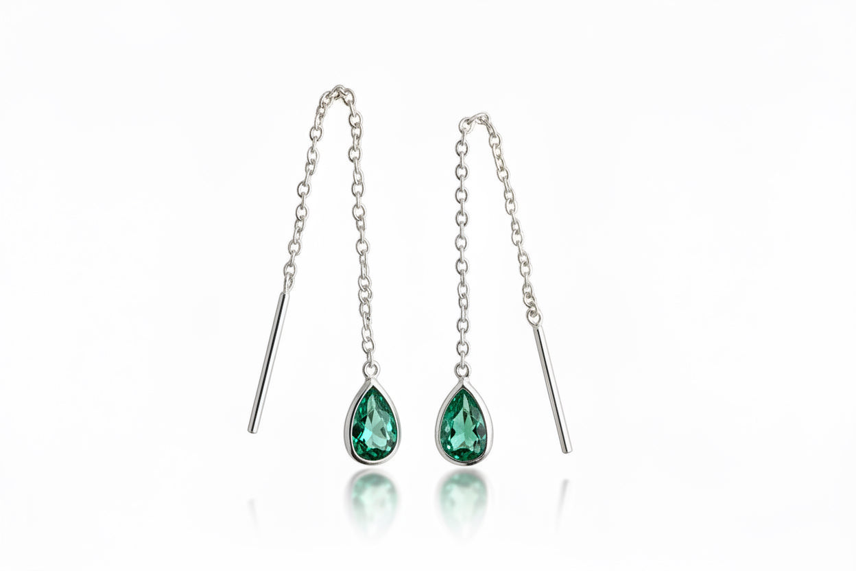 925 Sterling Silver Threaded Synthetic Emerald Green Gemstone with hanging teardrop earrings