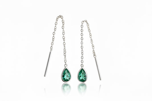 925 Sterling Silver Threaded Synthetic Emerald Green Gemstone with hanging teardrop earrings