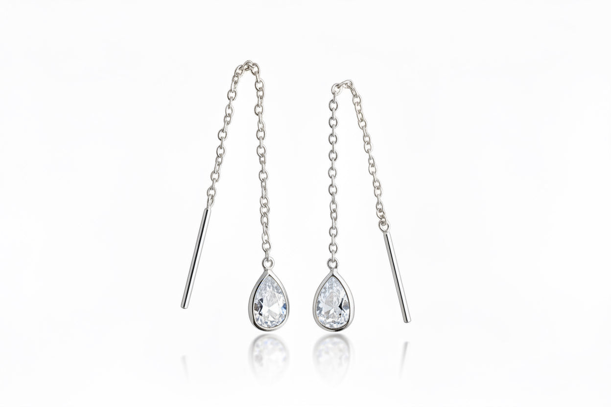 925 Sterling Silver Threaded Synthetic Diamond Gemstone with hanging teardrop earrings