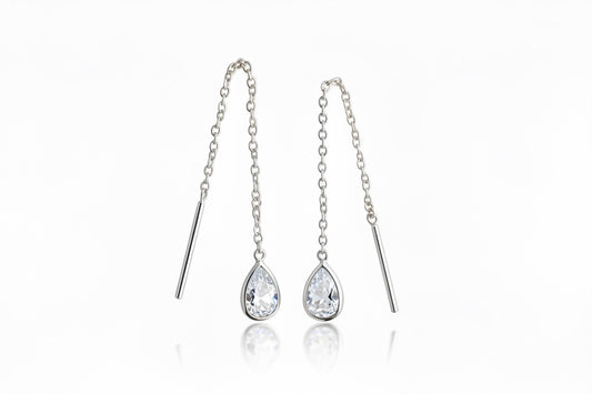 925 Sterling Silver Threaded Synthetic Diamond Gemstone with hanging teardrop earrings