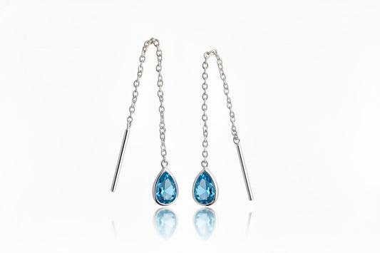 925 Sterling Silver Threaded Synthetic Blue Topaz Gemstone with hanging teardrop earrings
