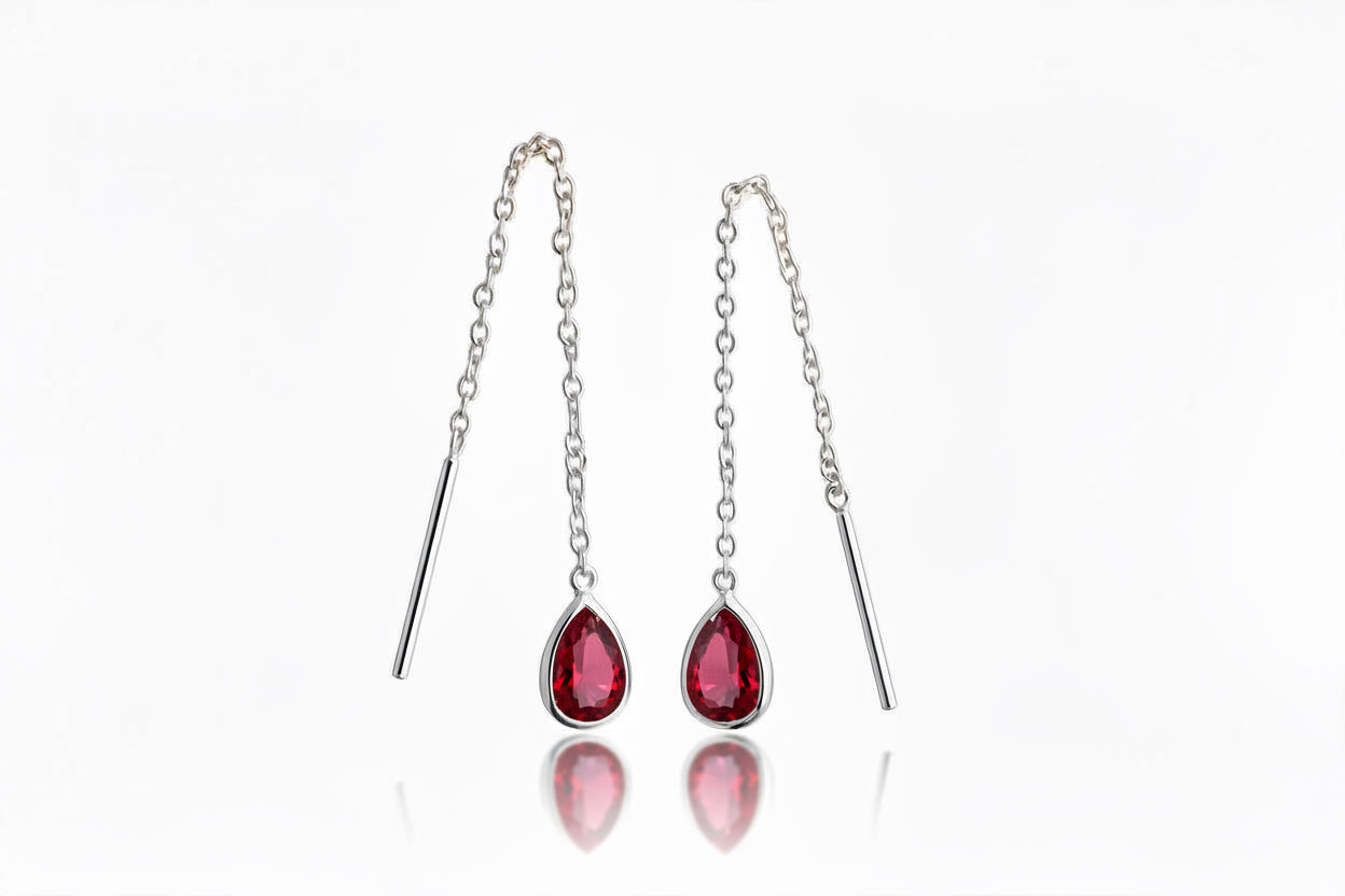 925 Sterling Silver Threaded Synthetic Ruby Red Gemstone with hanging teardrop earrings
