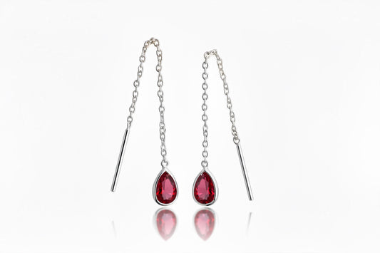 925 Sterling Silver Threaded Synthetic Ruby Red Gemstone with hanging teardrop earrings