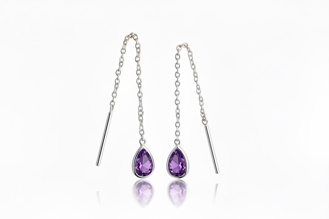 925 Sterling Silver Threaded Synthetic Amethyst Gemstone with hanging teardrop earrings
