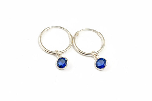 925 Sterling Silver Sleeper Hoops Earrings with Sapphire Blue Cubic Zirconia Stones