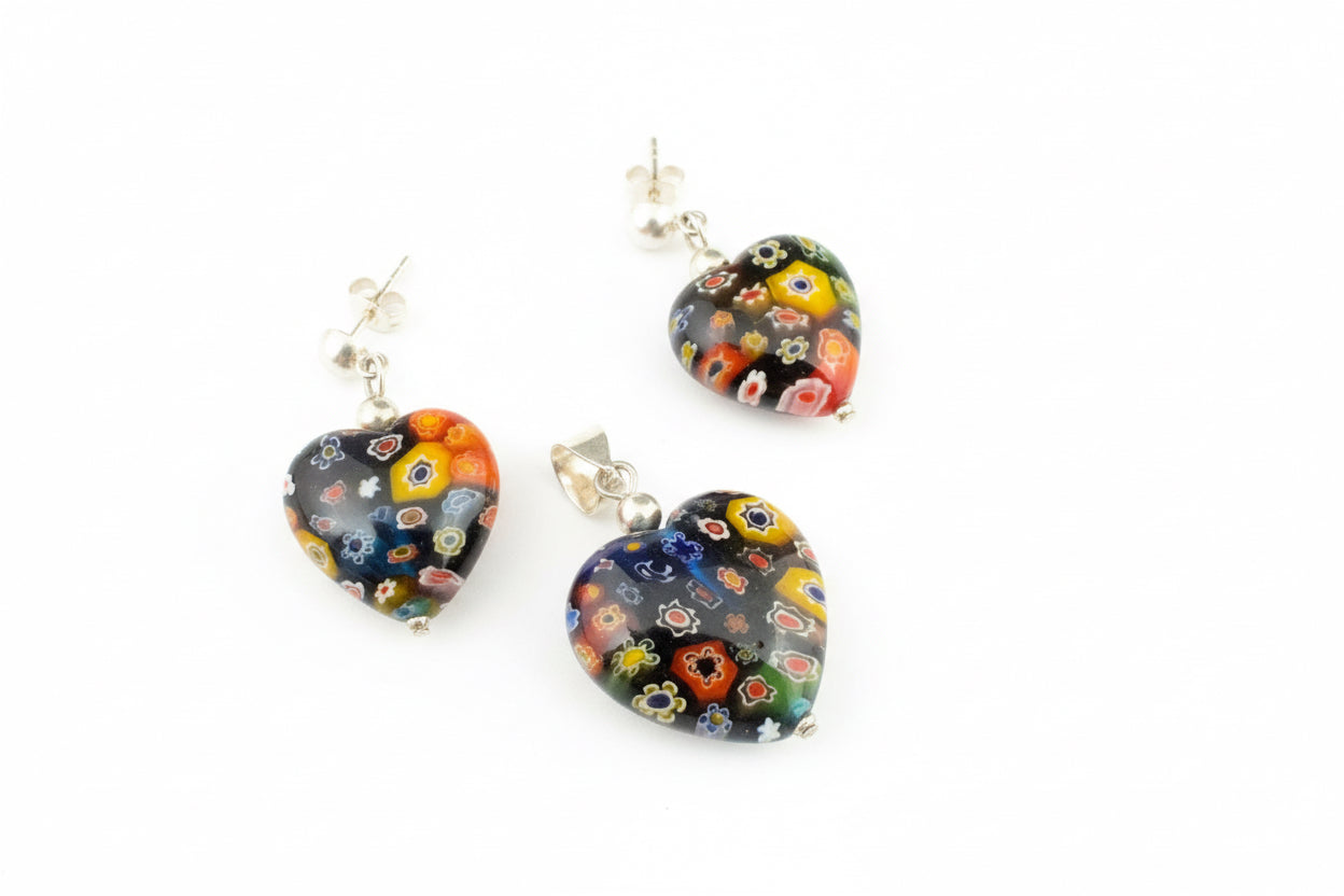 Heart Shaped 925 Silver Earrings and matching pendant set with Millefiori Glass 