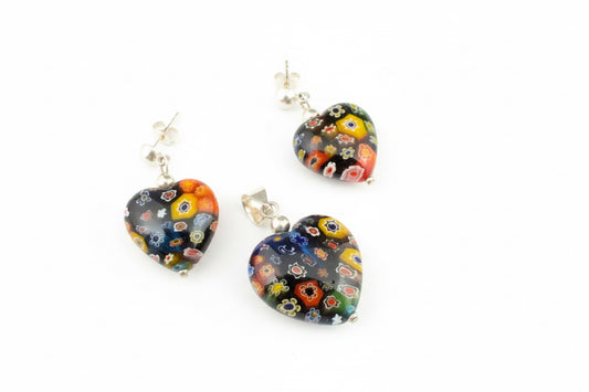 Heart Shaped 925 Silver Earrings and matching pendant set with Millefiori Glass 