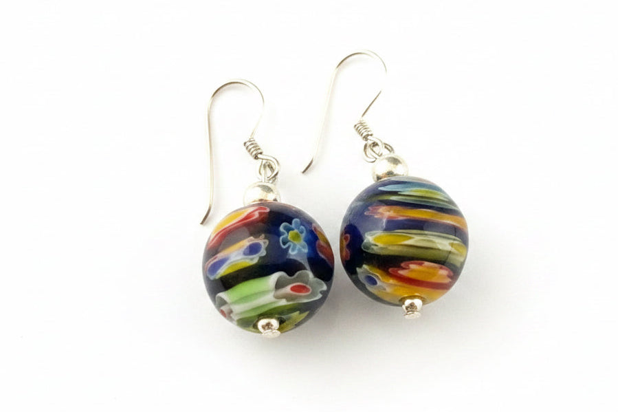 Ball Shape 925 Silver Earrings with Millefiori Glass