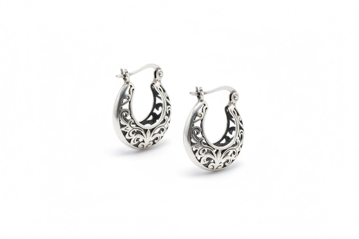 925 Sterling Silver Vintage Scrollwork Huggie U-Hoops