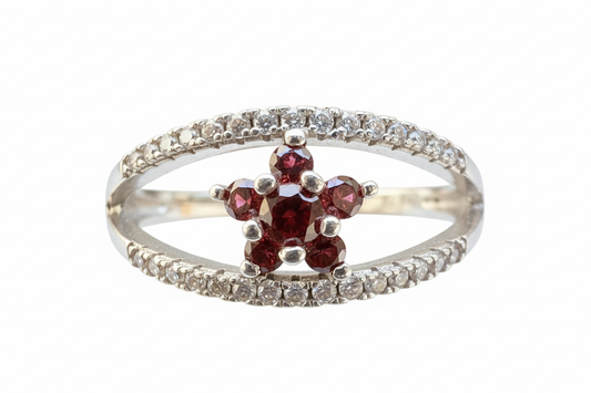 925 Sterling Silver Millenium ring with garnet flower Cubic Zirconia stone