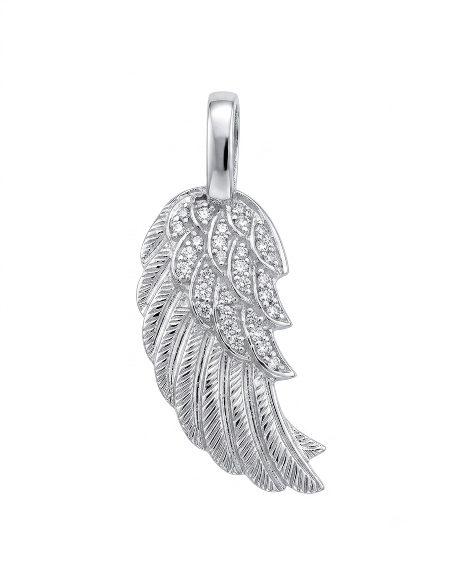 A silver angel wing pendant charm with pavé-set clear cubic zirconia stones 
