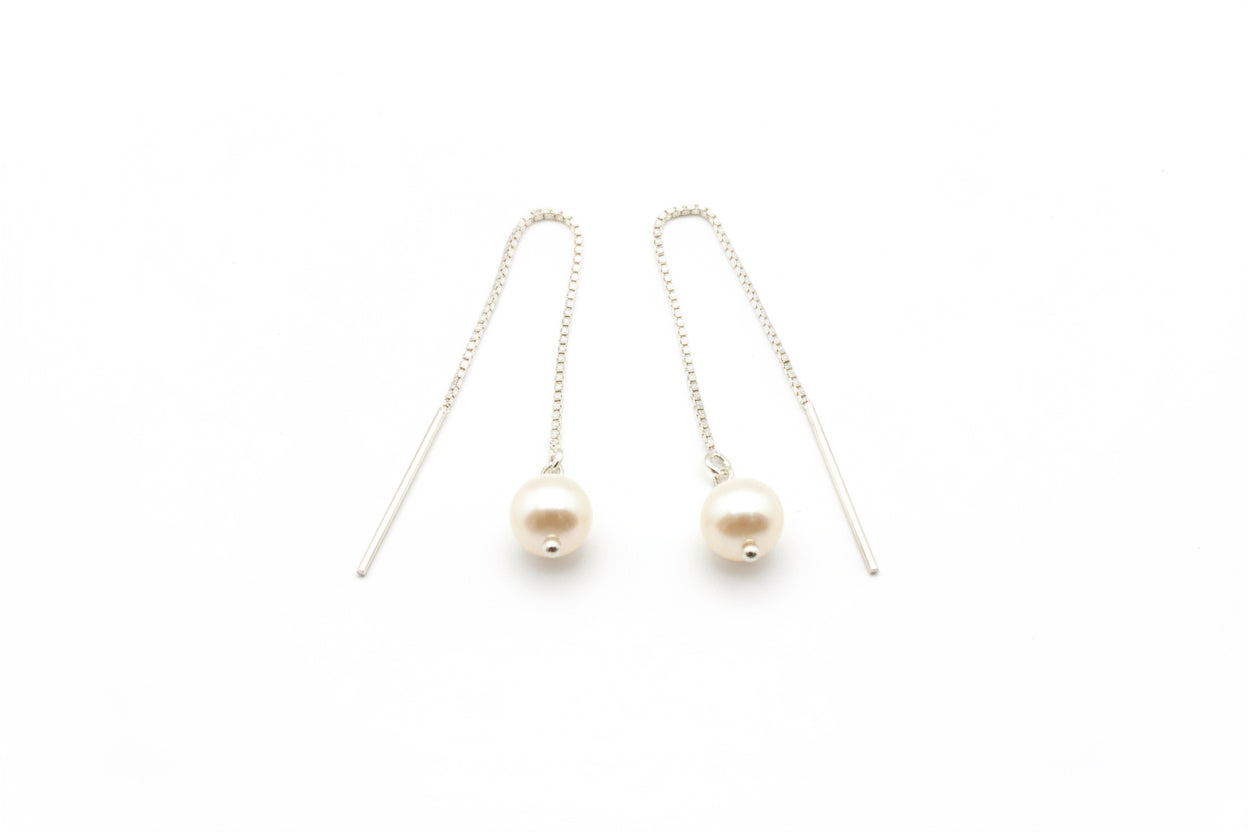 925 Sterling Silver Hanging on Chain Pearl Earrings