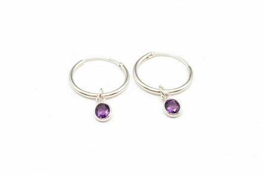 925 Sterling Silver Sleeper Hoops Earrings with Amethyst Cubic Zirconia Stones