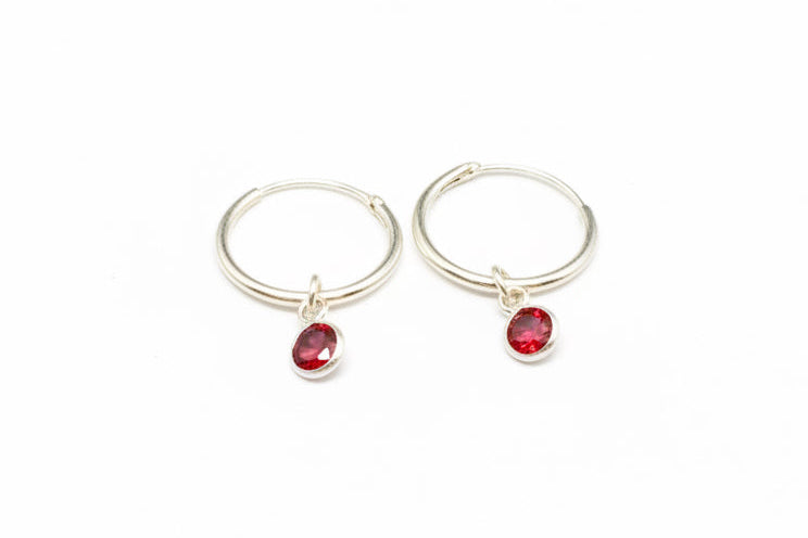 925 Sterling Silver Sleeper Hoops Earrings with Ryby Red Cubic Zirconia Stones