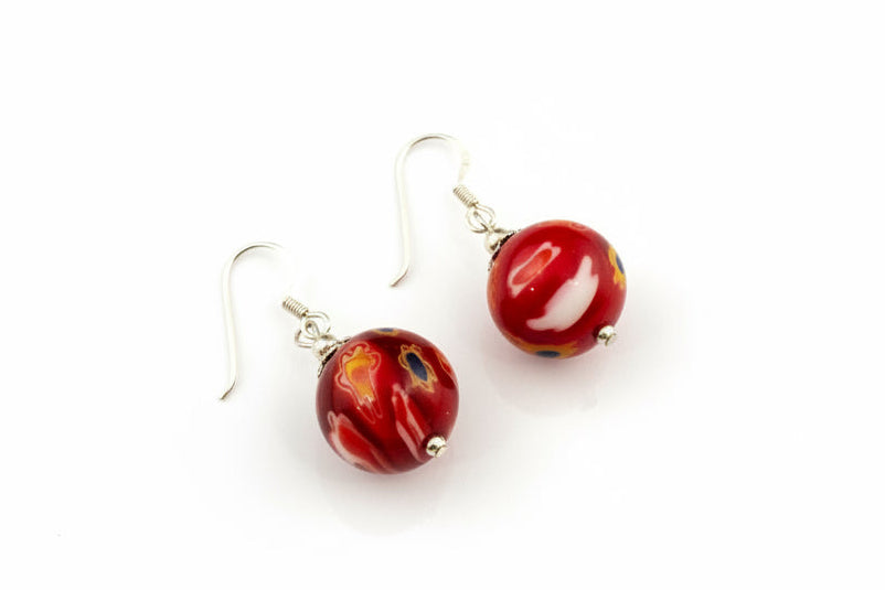 Ball Shape 925 Silver Earrings with Millefiori Glass 