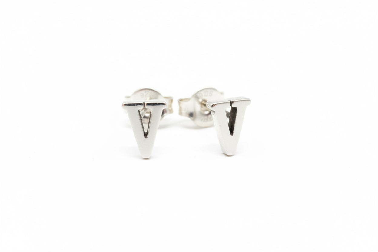 925 Sterling Silver Letter  V Stud Earrings